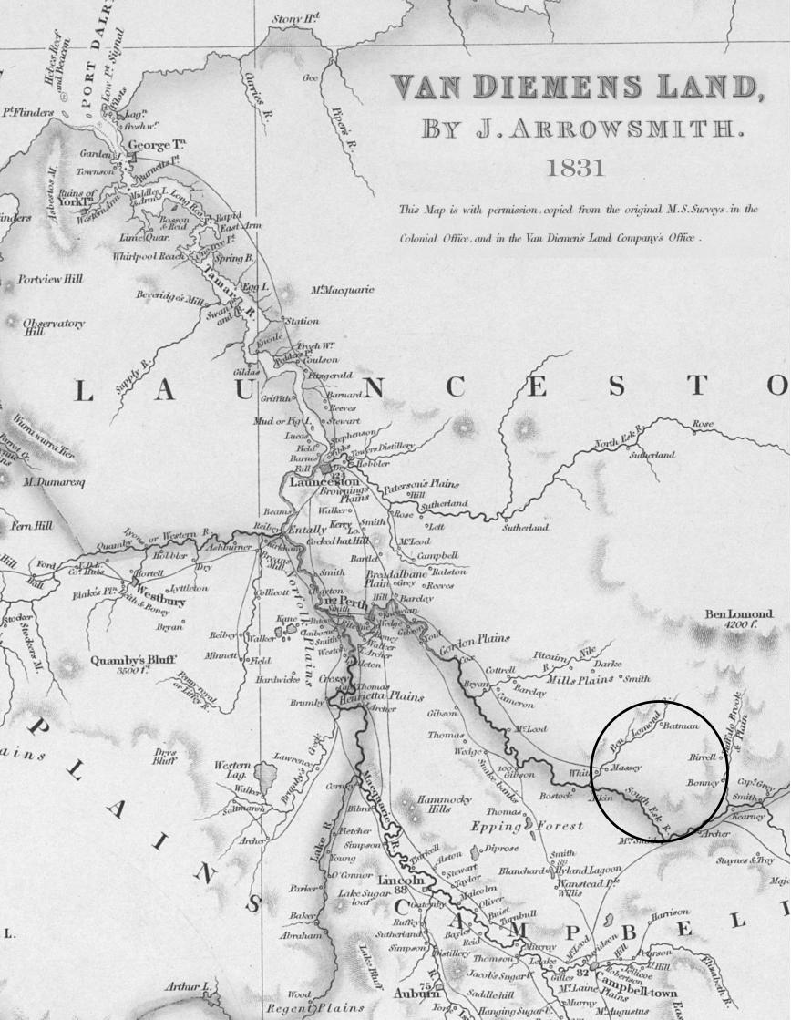 Map Port Dalrymple and Launceston district 1831 circled Thomas Massey holdings