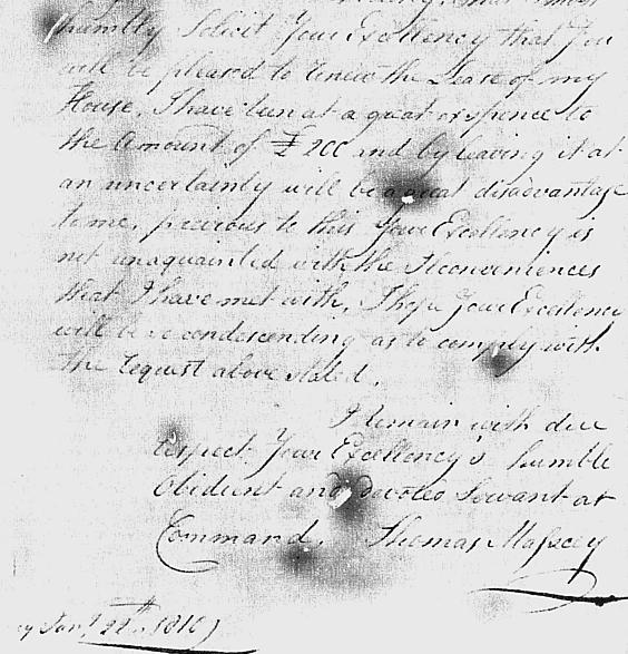 Enlargement part Thomas Massey letter of 1810 to Governor Lachlan Macquarie 