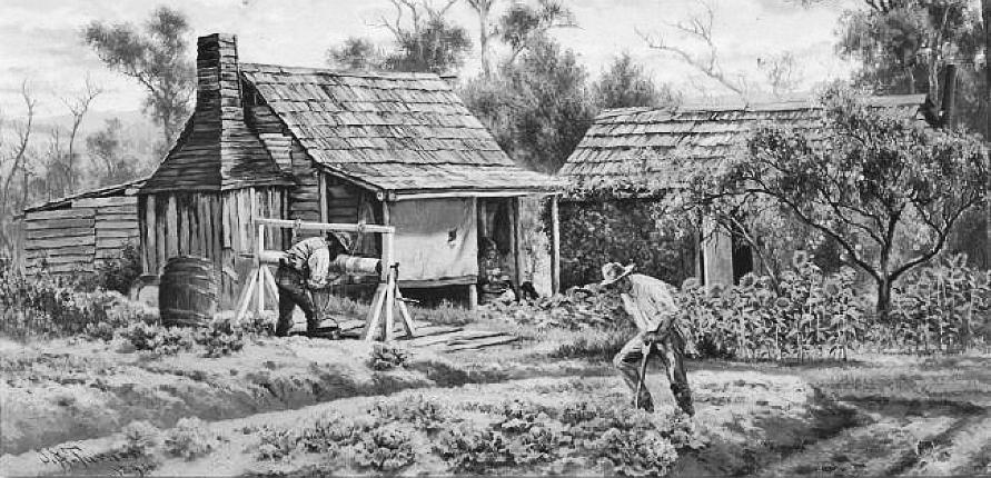 Early settlers cottage, colonial Australia. Gardens and fruit trees were quickly established -  artist J A Turner