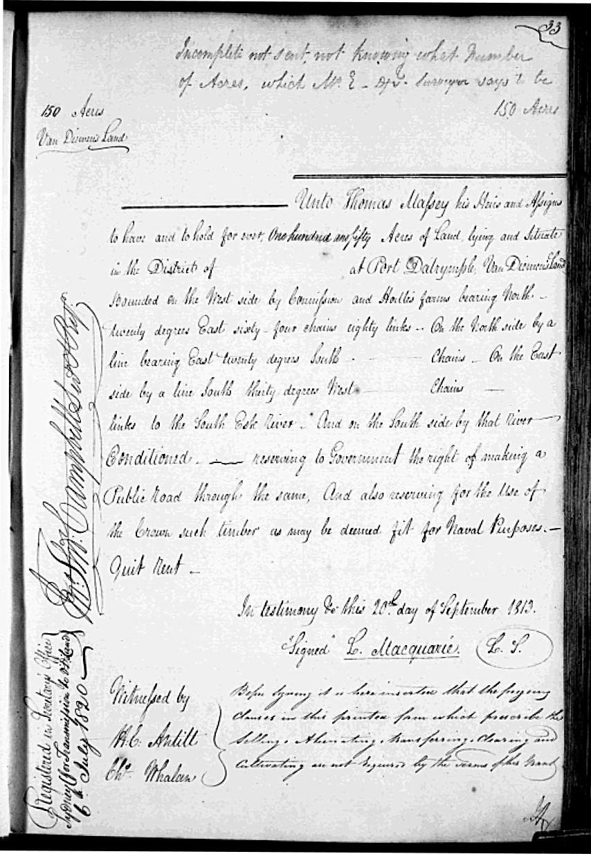 Thomas Massey - title deed at Port Dalrymple 1813
